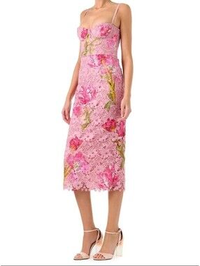 Monique Lhuillier Collection-Pink Floral Guipure Lace Corseted Dress 10-NWT